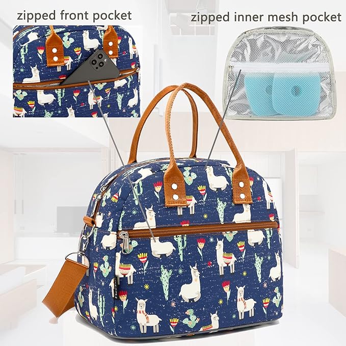 FlowFly Insulated Lunch Bag With Shoulder Strap for Women, Men, and Kids, Large and Reusable, Handle, Freezable Work and School Travel Tote and Meal Prep Organizer,Alpaca
