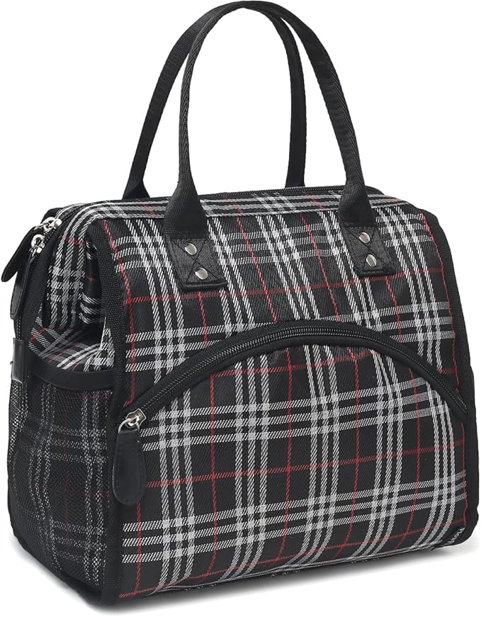 FlowFly Insulated Lunch Bag for Women, Men, Large and Reusable, Handle, Work and Travel Tote and Meal Prep Organizer, Black and white checkerboard