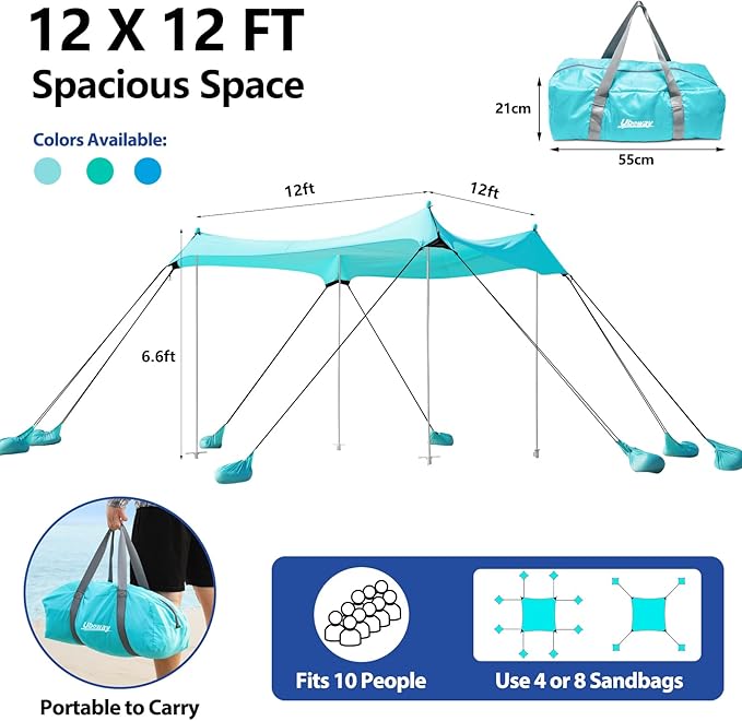 Camping Tent UPF50+ with 8 Sandbags, Beach Shade Canopy for 6-12 Persons, Pop Up Canopy for Camping, Picnics, 12X12FT Turquoise