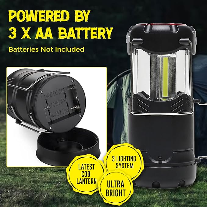 Battery Powered Camping Lantern - Portable COB Hanging Lamp Lights | Waterproof Collapsible Lantern Flashlight for Tent Lights, Power Outages, Hurricane Emergency, Hiking