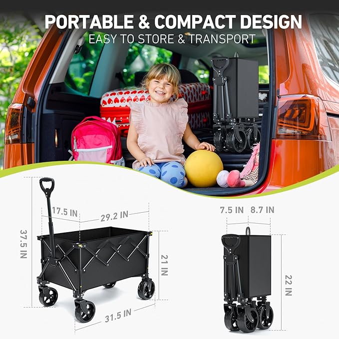 Foldable Collapsible Wagon Cart with 150L Large Capacity, Utility Beach Wagons Carts Heavy Duty, Portable Folding Wagon with All-Terrain Wheels for Grocery Gardening Sports Shopping Fishing (Black)
