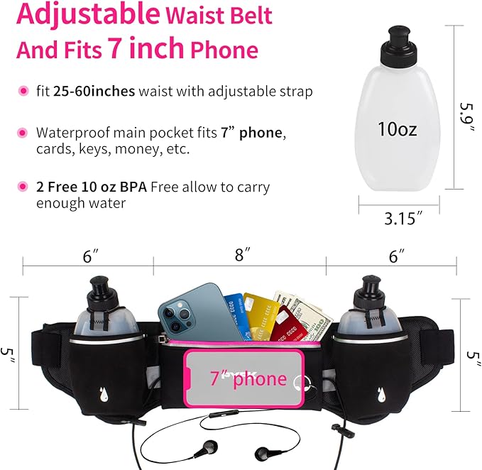 PYFK Upgraded Running Belt with Water Bottles, Hydration Belt for Men and Women, Water Bottle Holder Running Pouch Belt, Fanny Pack Fits 7 inches Phones, Waist pack for Running Hiking Climbing