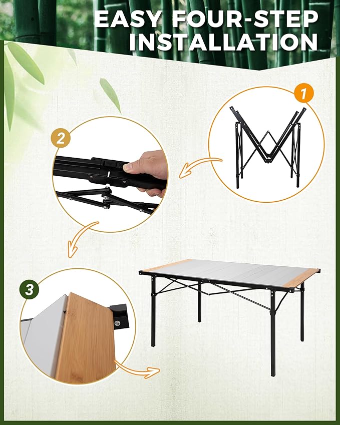 KingCamp Folding Camping Table, Aluminum Roll-Up Camp Table, Large Foldable Table for 6-8 Person, Outdoor Portable Tables with Carry Bag, 180 LBS Heavy Duty Load (Bamboo：53.5“x27.5”，6-8 People)