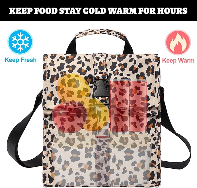 Insulated Foldable Lunch Bag- Lightweight Portable with Adjustable Shoulder Strap Lunch Box for Men, Women, Office, Work, Picnic, Hiking and Beach (Leopard(Soft Fabric))