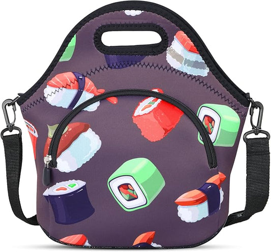 Violet Mist Womens Sushi Lunch Bag Neoprene Insulated Lunch Bag Tote Cute Cartoon Handbag Large with Pocket Detachable Adjustable Shoulder Colorful