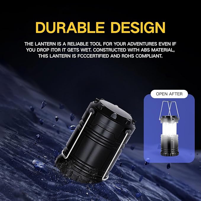 Lantern Camping Essentials Lights, Led Flashlight for Power Outages, Tent Lights for Emergency, Survival Gear and Supplies for Hurricane, Battery Operated Lamp, 4 Pack, Black