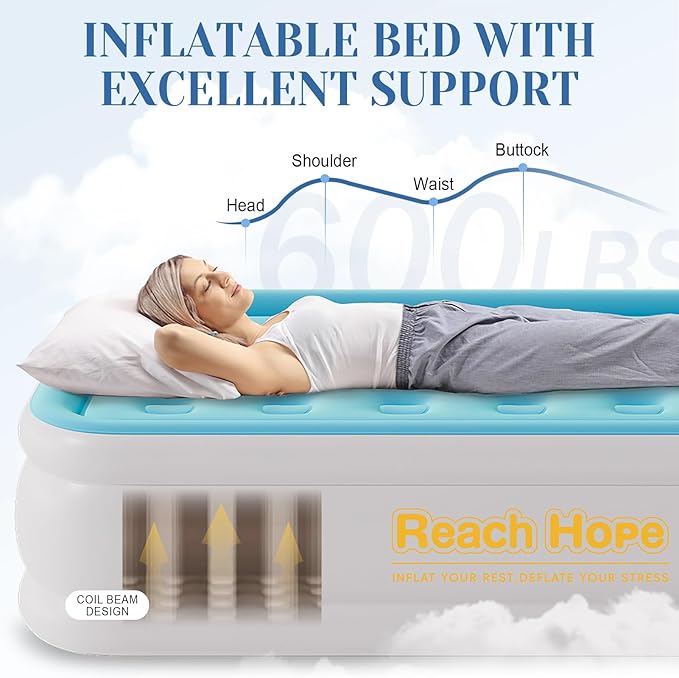 Queen Air Mattress with Built in Pump, Self Inflatable Air Bed Queen, 18" Height Portable Mattress, Blow up Airbed for Camping and Guests. (18" Height, Light Blue).