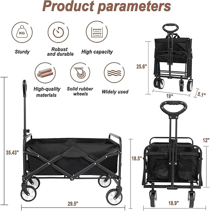 iHomey Collapsible Foldable Cart, Beach Cart Large Capacity, Heavy Duty Folding Wagon Portable, Collapsible Wagon for Sports, Shopping, Camping (Black)