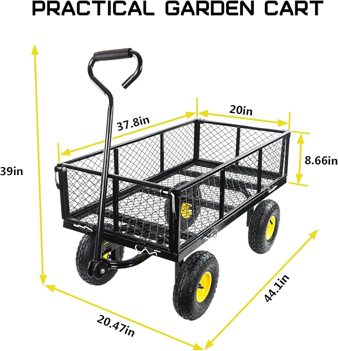 Garden Cart Heavy Duty 300KG Utility Wagon Cart with Removable Black Mesh Sides, Great for Garden, Farm, Yard, Lawn, Deformable Steel Garden Wagon Cart with 10" 3.50-4 Wheels and Oxford Liner