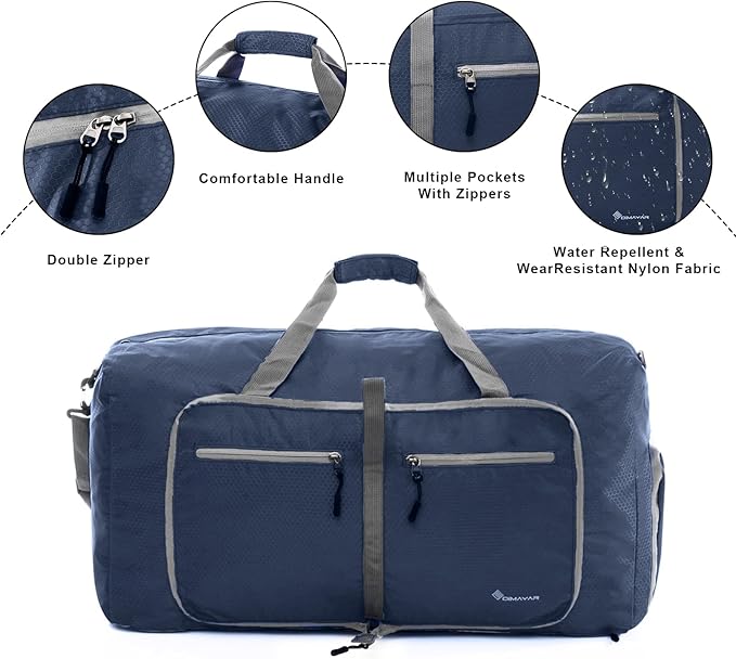 Dimayar Travel Duffle Bag for Men Women - Foldable Duffel Bag with Shoes Compartment - Overnight Bags Waterproof & Tear Resistant(40L,Dark Blue)