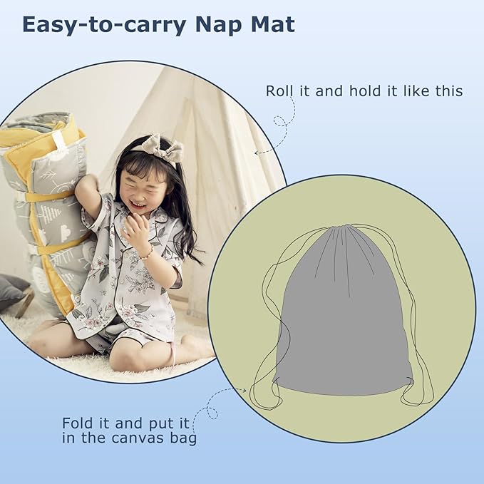 Toddlers Nap Mat with Removable Pillow and Soft Blanket, Lightweight Daycare Preschool Kindergarten Sleeping Bag, Travel Slumber for Kids Girls Boys