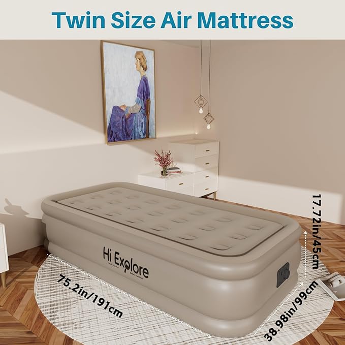 Air Mattress Twin with Built in Pump Raised, Comfort Plush Self Inflating Mattress, Inflatable Blow Up Mattress, Portable Airbed for Home, Guests, Camping(Khaki, 18” Height)