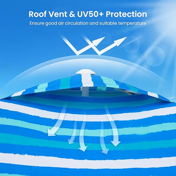 Grandekor 6'x6' UPF 50+ Beach Cabana Canopy Tent Instant Setup Sun Shelter with Sidewalls Sand Anchors Hanging Hooks for Family Beach Trips Outdoor Shade Shelter with Windproof Sand Pockets