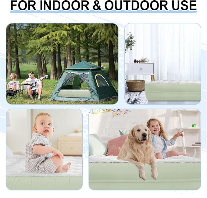Queen Air Mattress with Built-in Pump | 3-Min Fast Inflation & 600lbs Support | 18" Dutch Velvet Top for Camping, Guest Bed | Portable Inflatable Mattress (Green