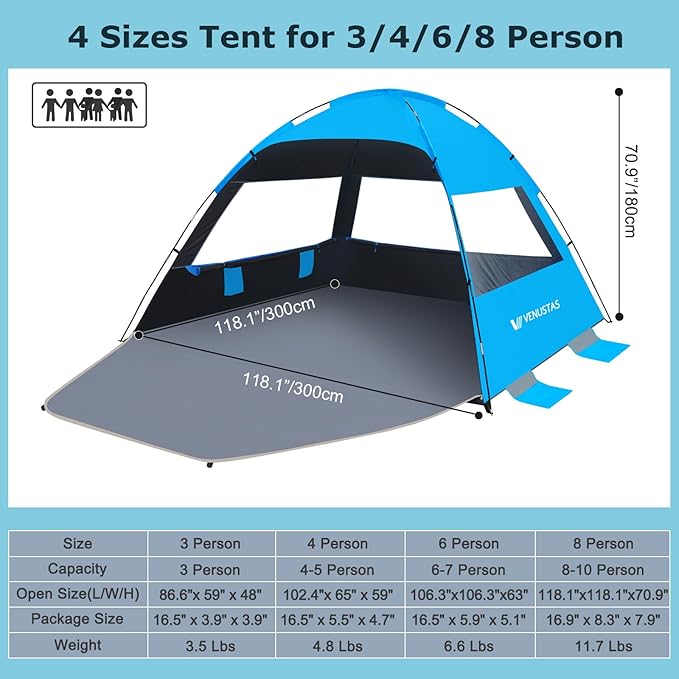 Venustas Beach Tent Sun Shelter for 3-10 Person, UPF 50+ UV Protection Canopy, Lightweight and Easy Setup Cabana, Portable Beach Shade