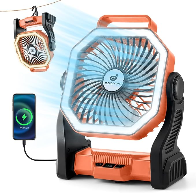 Odoland Camping Fan with LED Lantern, 20000mAh Rechargeable Battery Operated Fan, Portable Outdoor Light with Rotation Hook for Picnic Power Outage Hurricane Emergency Home Patio, Orange