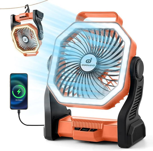 Odoland Camping Fan with LED Lantern, 20000mAh Rechargeable Battery Operated Fan, Portable Outdoor Light with Rotation Hook for Picnic Power Outage Hurricane Emergency Home Patio, Orange