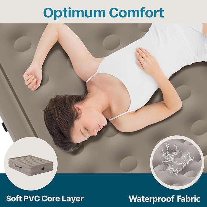 Air Mattress Twin with Built in Pump Raised, Comfort Plush Self Inflating Mattress, Inflatable Blow Up Mattress, Portable Airbed for Home, Guests, Camping(Khaki, 18” Height)