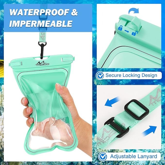 MoKo Floating Waterproof Phone Pouch - 9.5" Large Clear Phone Water Protector Pouch Dry Bag Case with Lanyard, Compatible for iPhone 14 13 12 Pro Max, Galaxy S23 S22 Ultra, 2 Pack Black+Mint Green