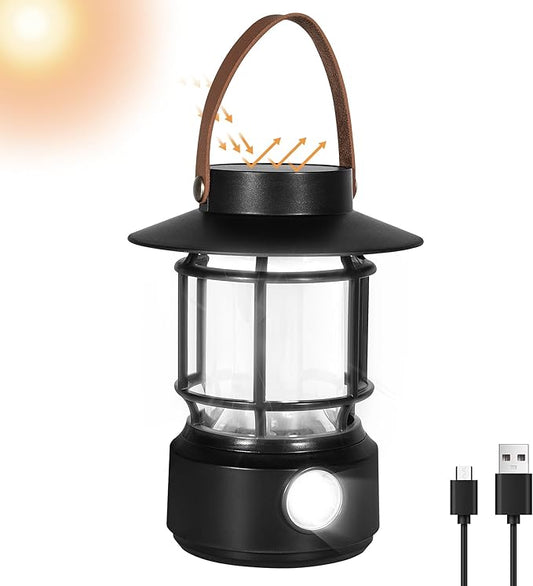 LED Camping Lantern, Solar Rechargeable Lantern Camping Lights with Side Lights, 1000LM Retro Style Portable Flashlight, IPX5 Waterproof Lanterns for Power Outages, Emergency, Hurricane, Hiking