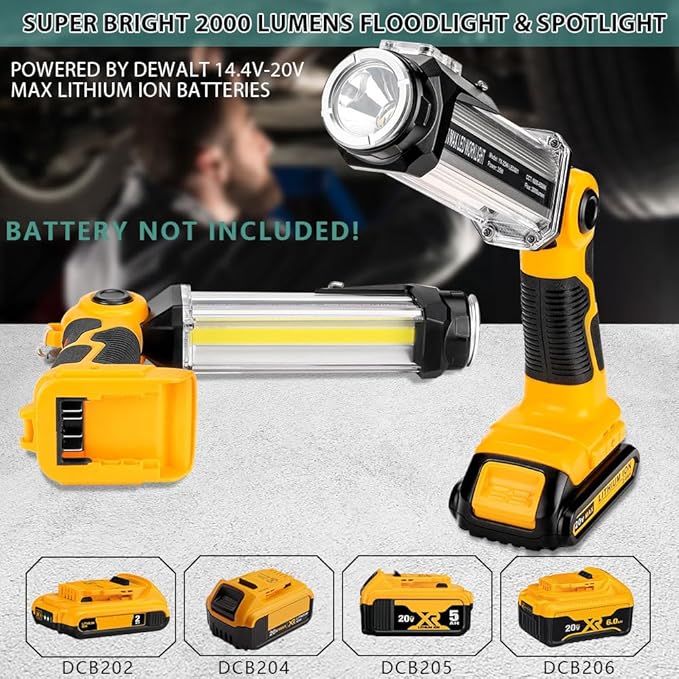 Flashlight for Dewalt 20v Battery, 35w 2000LM Portable Light with 3 Modes Lighting, USB-A Charging Port, Hook for Car Repairing, Garage, Jobsite, Power Outages