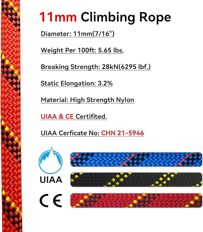 Static Climbing Rope 11mm UIAA Static Line Rappelling Rope 60M (200ft) Nylon Kern Mantle Rope for Escape Rope Rock Climbing, Mountain Tree Climbing, Hauling, Rescue