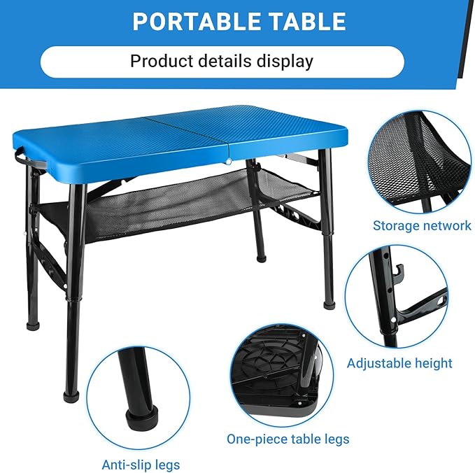 Portable Folding Table and Stool Set, Lightweight Foldable Table & Collapsible Stool for Camping Picnic Beach Fishing, Sturdy Small Outdoor Table with Mesh Layer Storage- Blue
