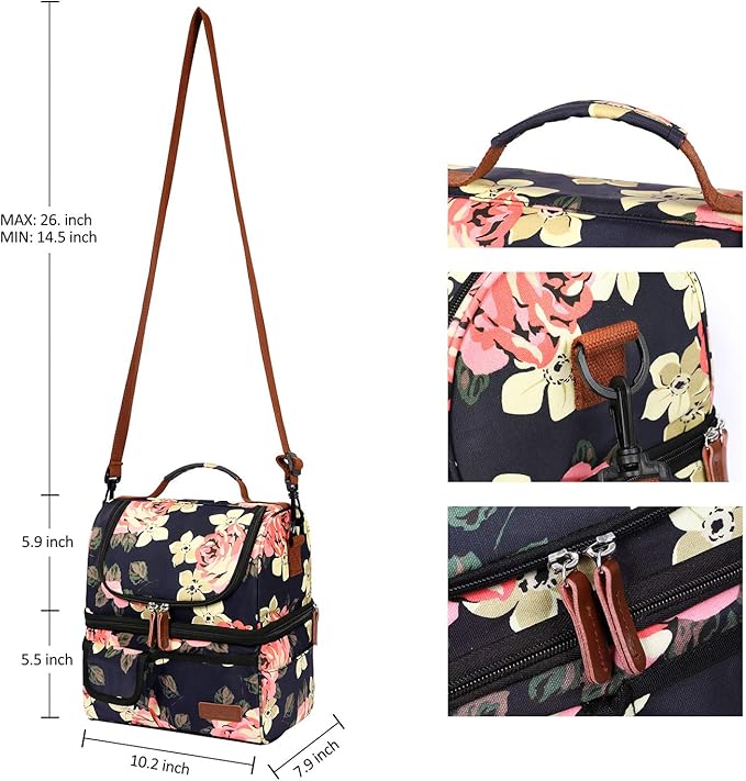 LOKASS Lunch Bag Women Double Deck Insulated Lunch Box Large Cooler Tote Bag with Removable Shoulder Strap Wide Open Thermal Meal Prep Lunch Organizer Box for Adults Work/Outdoor, Black Peony