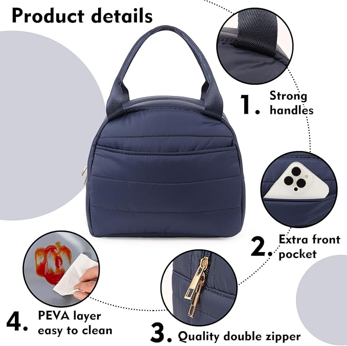 Lunch Bag Lunch Box for Women Men Adult Insulated Cute Small Quilted Puffer Lunchbox Reusable Thermal Lunch Cooler Tote Bag for Work, Picnic or Travel-Navy