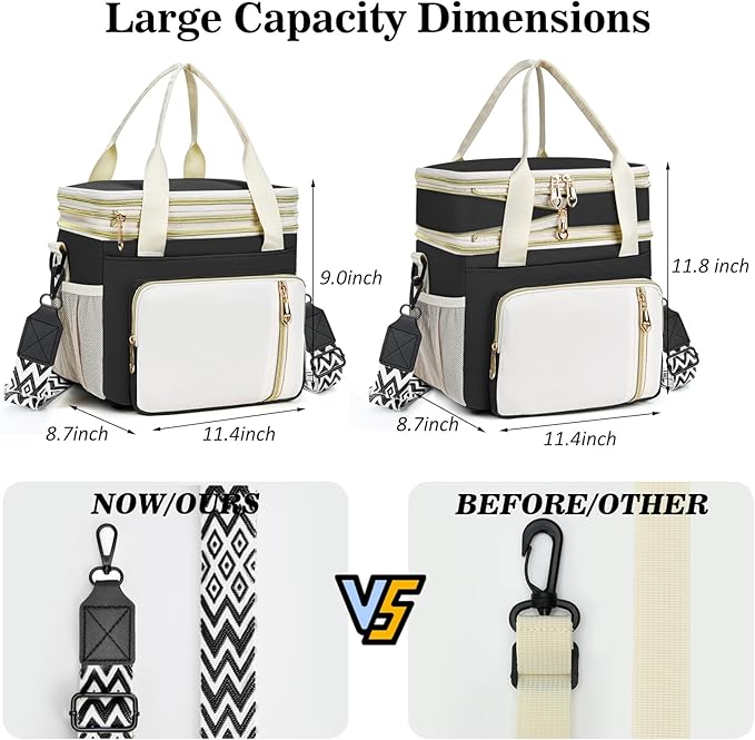 LOKASS Lunch Box for Men/Women-16L-Insulated Lunch Bag, Expandable Double-Layer Leakproof Cooler Bag with Upgrade Adjustable Shoulder Strap Ideal for Work/Travel/Picnics（Black&White）