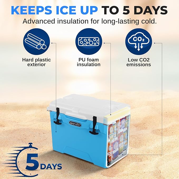 SereneLife Ultra-Tough 25 Quart Rotomolded Cooler Box, Holds Upto 36 Cans, Keeps Ice Up to 5 Days, Heavy-Duty Insulated Portable Ice Chest Box, Ideal for Travel, Camping, Beach, and Outdoor Adventures