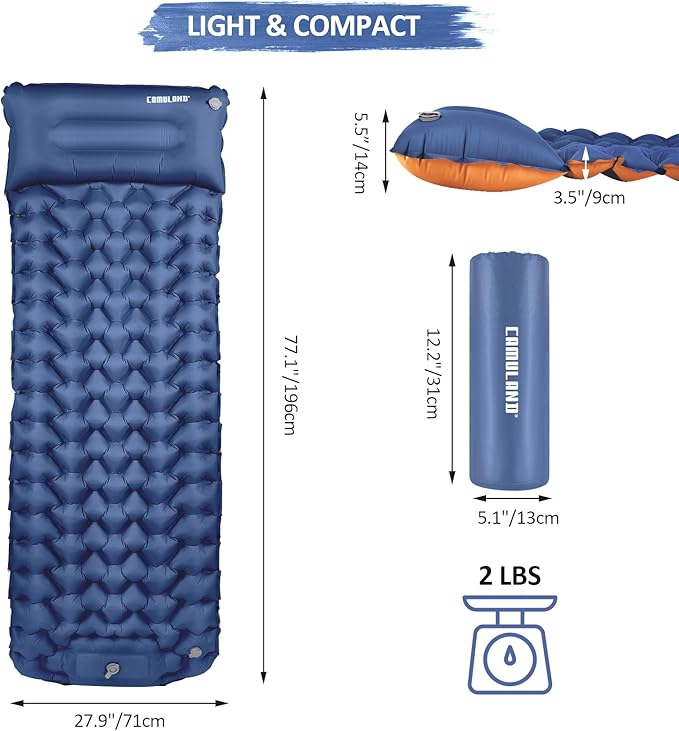 CAMULAND Sleeping Pad for Camping Backpacking Hiking 77.1" x 27.9" Self Inflating Mattress Ultralight Sleeping Mat Inflatable Air Bed