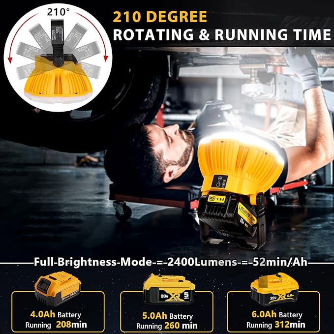 Camping Light for Dewalt 20v Battery, Flashlight 20v, Portable Light 2400LM with 4 Modes, Hanging Hook for Tent, Garage, Jobsite, Power Outages, Hurricane, Emergency