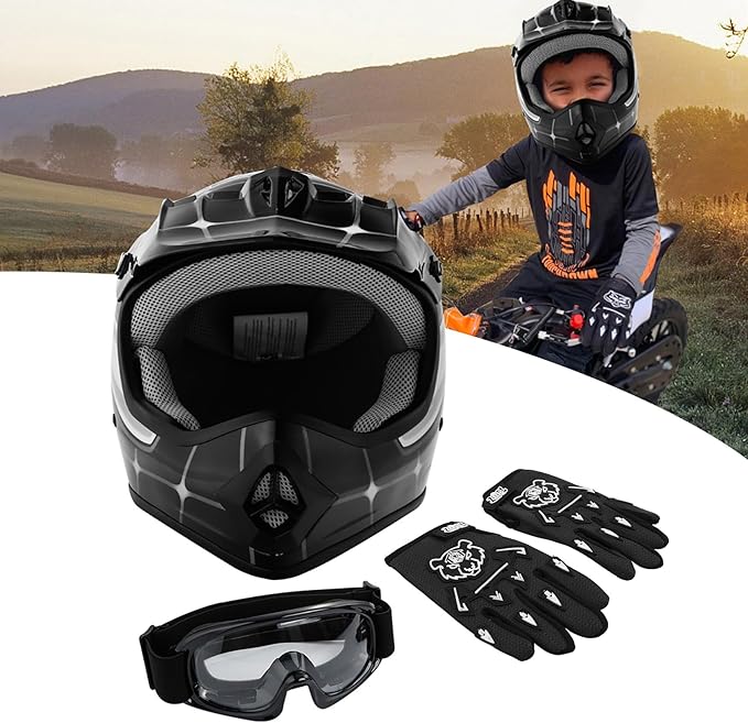 TCT-MOTORPARTS DOT Youth Kids Motocross ATV Helmets Offroad Street Dirt Bike Go-Kart BMX MX Full Face Helmet Black Spider Large Size