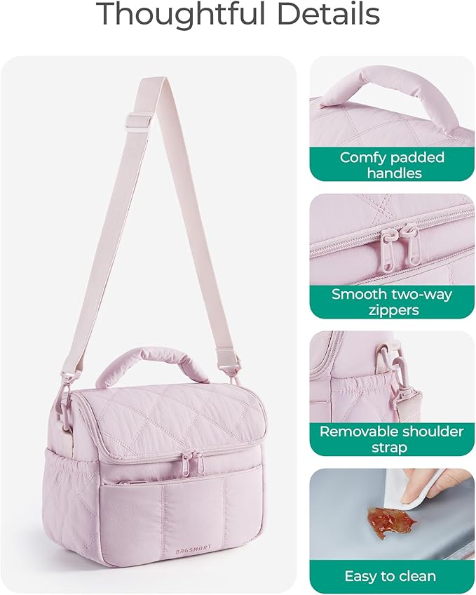 BAGSMART Insulated Lunch Bags for Women, Cute Quilted Lunch Box, Lightweight Puffy Padded Waterproof Lunch Tote, Reusable Lunch Cooler for Work Picnic Travel, Dark Pink