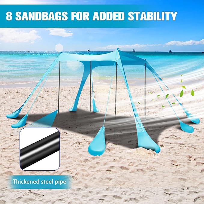 Beach Tent Sun Shelter 10x10FT Beach Shade Canopy with 8 Sandbags, UPF 50+ Protection Beach Shade Canopy, Outdoor Tent for Beach Camping Trips, Fishing, Backyard