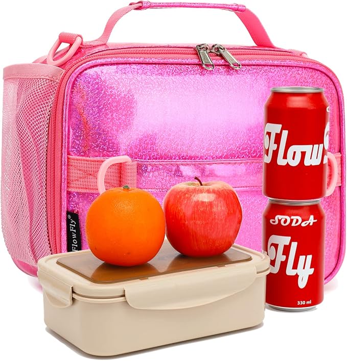 FlowFly Kids Lunch Bag, Durable Insulated School Lunch Box with Shoulder Strap and Bottle Holder, Water-resistant Thermal Small Lunch Cooler Tote for Teen Boys & Girls,Pink#PU