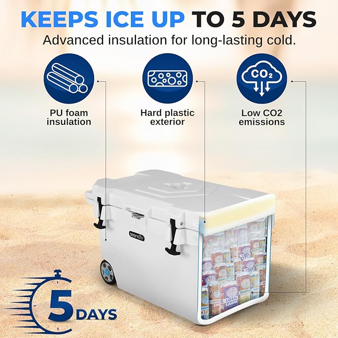 SereneLife Ultra-Tough 45 Quart Rotomolded Cooler Box with Wheels, Holds Upto 56 Cans, Keeps Ice Up to 5 Days, Heavy-Duty Insulated Portable Ice Chest Box, Ideal for Camping, Beach, and Outdoors