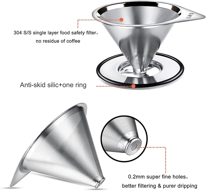 LHS Pour Over Coffee Dripper Stainless Steel Coffee Filter Metal Cone Filter Paperless Reusable Coffee Filter Single Cup Coffee Maker 1-4 Cup With Non-slip Cup Stand and Cleaning Brush