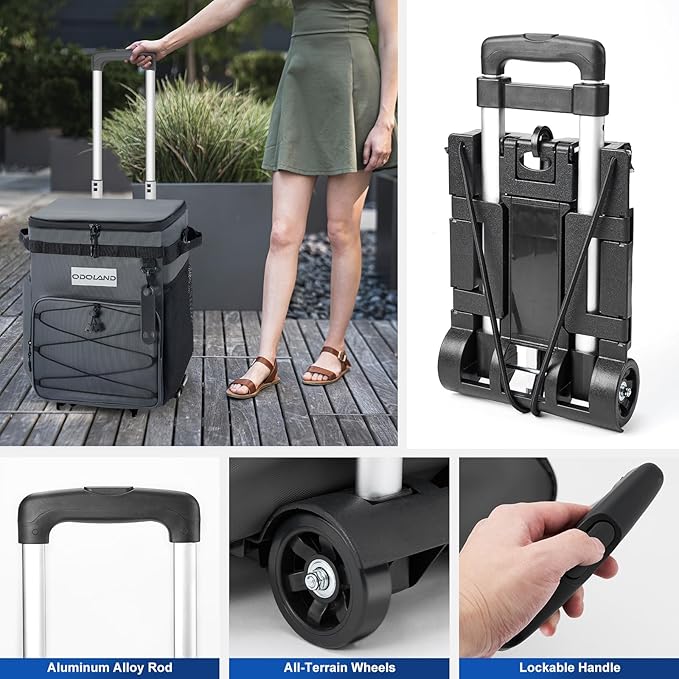 Odoland 48/72 Cans Soft Cooler with Wheels and Handle Collapsible Ice Chest Rolling Coolers on Wheels for Beach Camping Travel and Picnic