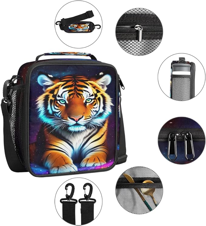 Galaxy Colorful Tiger Insulated Lunch Bag for Girls Boys Teen Cute Tiger Reusable Lunch Box with Shoulder Strap Freezable Thermal Cooler Bag Meal Prep Boxs for School Travel Picnic Beach Lunch Pail