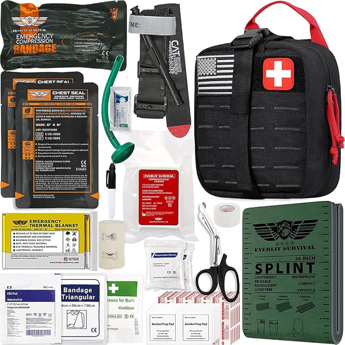 EVERLIT Advanced Emergency Trauma Kit, CAT GEN-7 Tourniquet Mil-Spec Nylon Laser Cut Pouch with 36" Splint, Military Combat Tactical IFAK for First Aid Response Bleeding Control