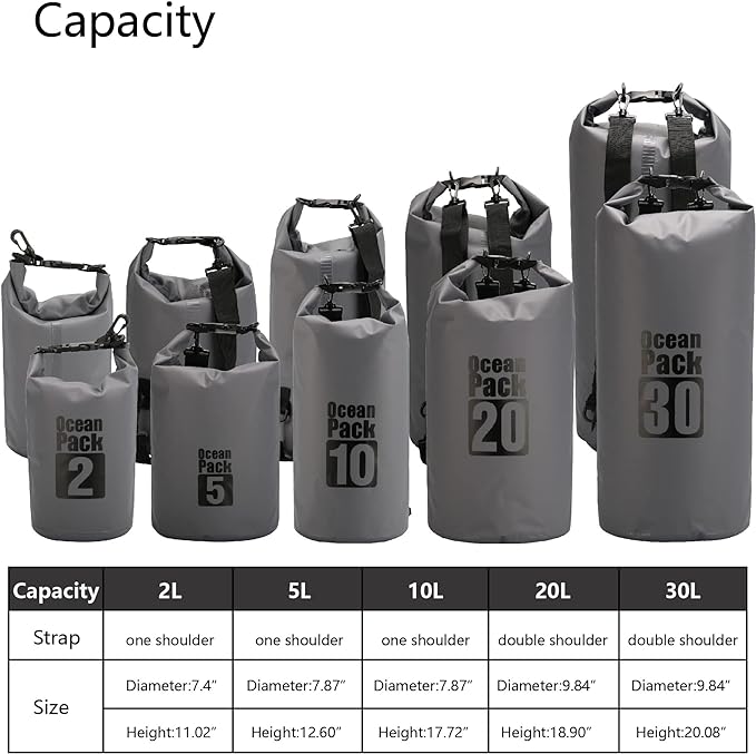 Dry Sack/Floating Waterproof Bag 2L/5L/10L/20L/30L for Boating, Kayaking, Hiking, Snowboarding, Camping, Rafting, Fishing and Backpacking