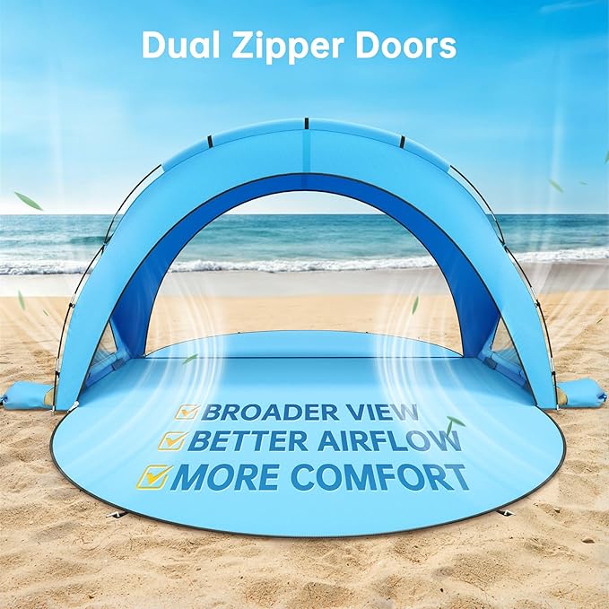 Beach Tent Sun Shelter, Beach Shade Tent with UPF50+ UV Protection, Beach Sun Shelter, Beach Shade with 2 Zippered Doors, Portable Beach Tent for Beach Camping Fishing