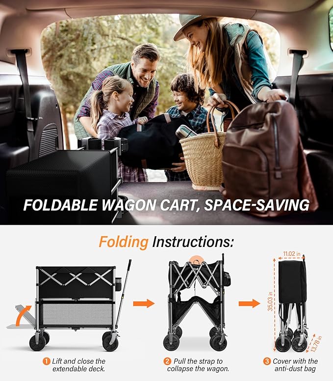 Collapsible Wagon Double Decker, Large Capacity Foldable Wagons Carts Dark Black