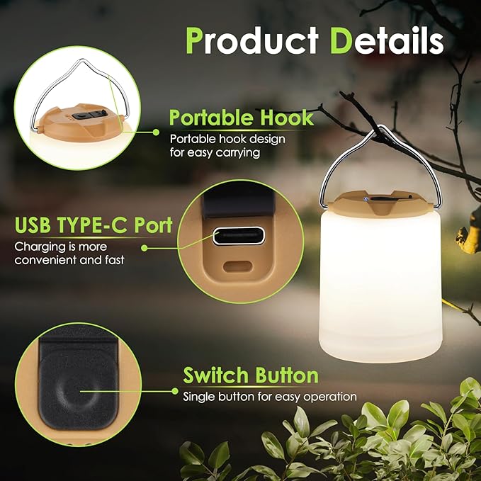 LED Camping Lantern, Rechargeable Camping Light, 4 Modes Outdoor Flashlights Lanterns with 1000LM, Water Resistant Portable Emergency Camp Light for Hurricane Hiking Survival Kits - Khaki