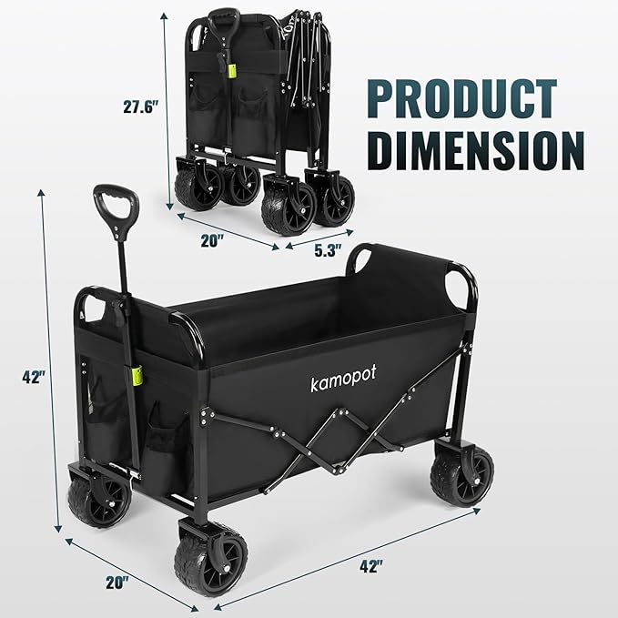 Large Collapsible Wagon Foldable for Grocery, Beach, Park, Yard, 34" x 18" Inner Storage. 300lb Heavy Duty Folding Utility Cart on Big Wheels, Durable w/Cupholders