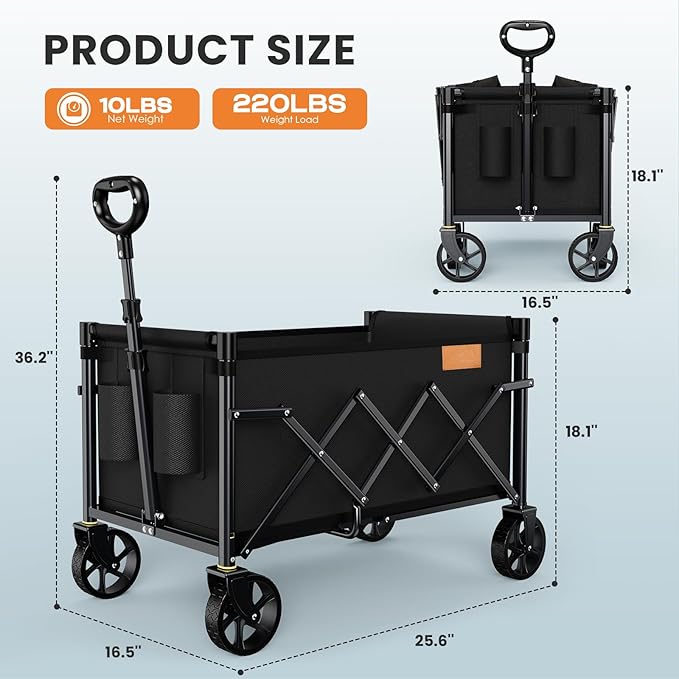 Collapsible Wagon Cart Foldable with 220lbs Weight Capacity, Lightweight Portable Folding Utility Grocery Shopping Cart with Wheels for Camping Sports Beach and Shopping