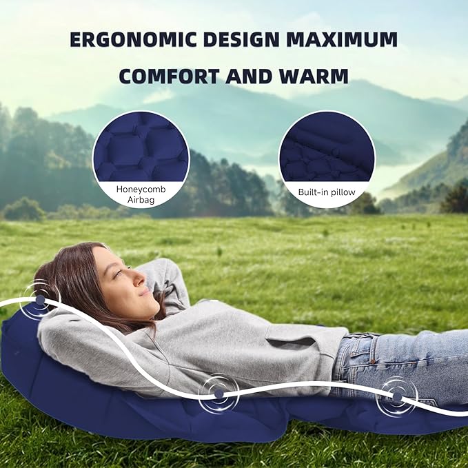 Inflatable Sleeping Pad with Pillow for Camping-Built in Foot Pump Fast Inflation-Ultralight Upgraded Durable Compact Sleeping Mat Moisture Proof Air Mattress for Backpacking,Hiking,Travel,Tent