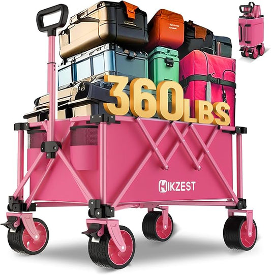 Collapsible Wagon Cart Foldable, 360LBS Heavy Duty Utility Wagon, Beach Wagon with Wider Wheels, Portable Grocery Cart for Camping, Shopping, Garden, Sports, Pink